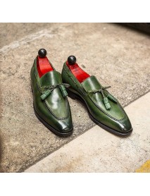 British-style Round-toe Mens PU Green Tassel Shoes