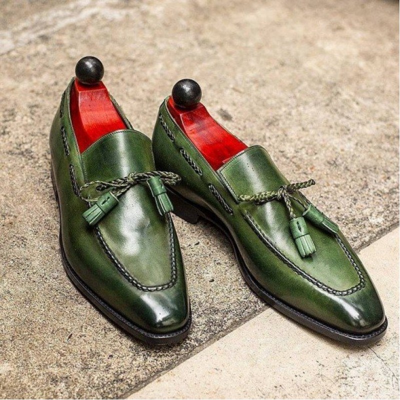 British-style Round-toe Mens PU Green Tassel Shoes